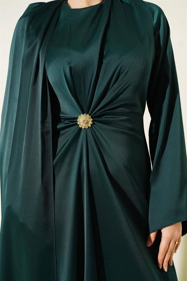 Satin Evening Dress with Waist Gathering Detail in Emerald Green