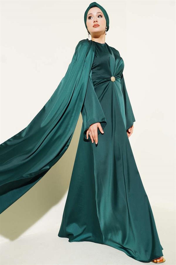 Satin Evening Dress with Waist Gathering Detail in Emerald Green
