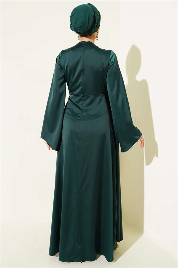 Satin Evening Dress with Waist Gathering Detail in Emerald Green