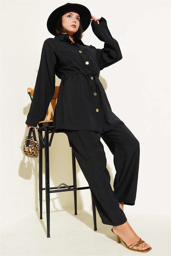 Waist Drawstring Pocket 2 Piece Set Black