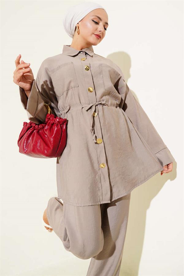 Waist Drawstring Pocket 2 Piece Set Mink