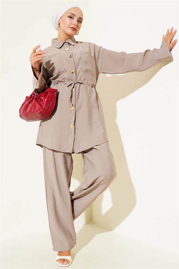 Waist Drawstring Pocket 2 Piece Set Mink