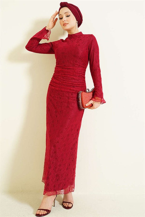 Burgundy Lace Tulle Evening Dress with Gathered Waist