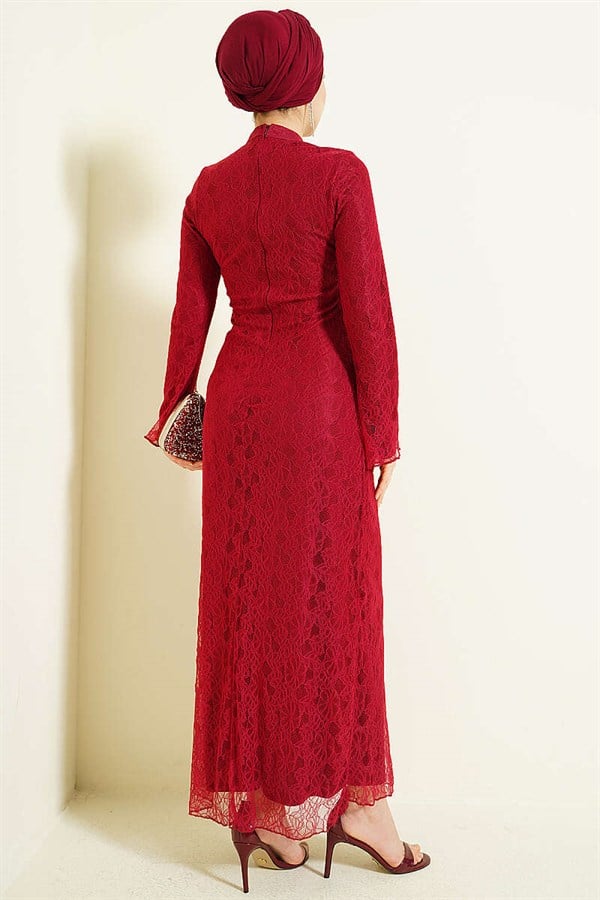 Burgundy Lace Tulle Evening Dress with Gathered Waist