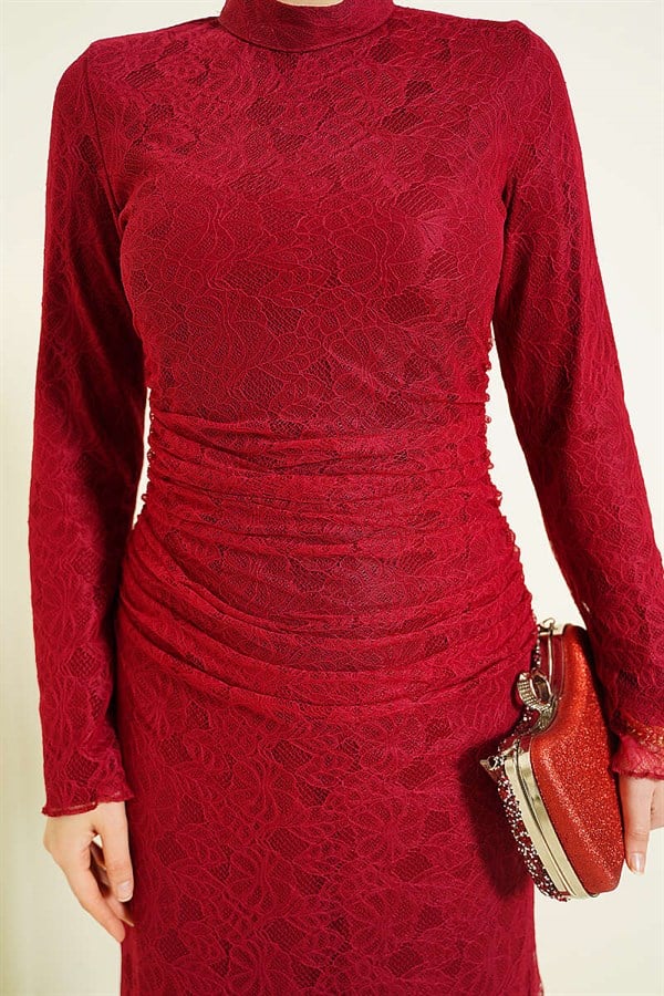 Burgundy Lace Tulle Evening Dress with Gathered Waist