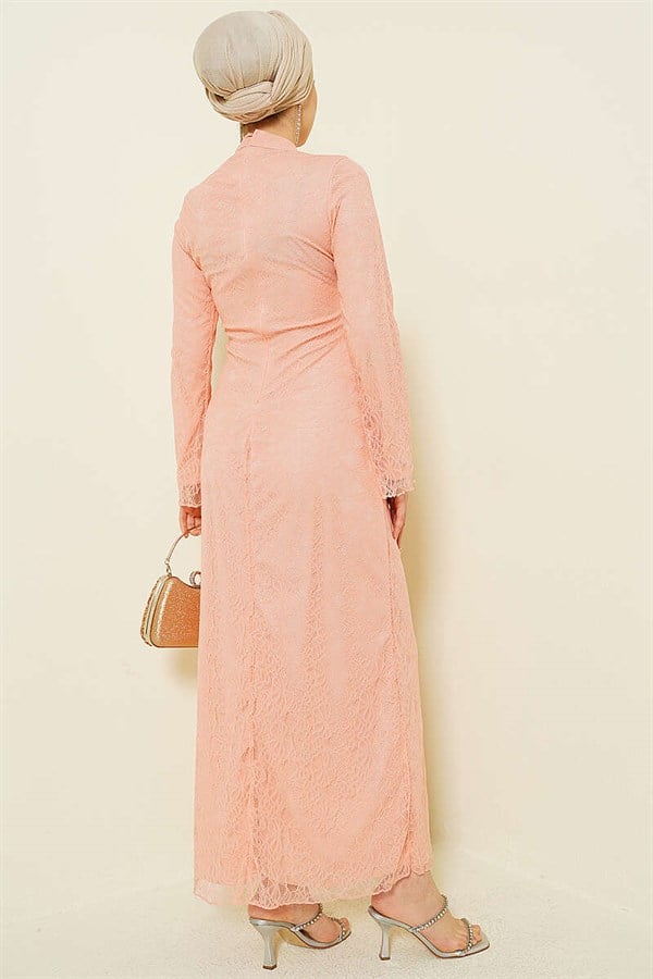 Salmon Color Lace Tulle Evening Dress with Gathered Waist