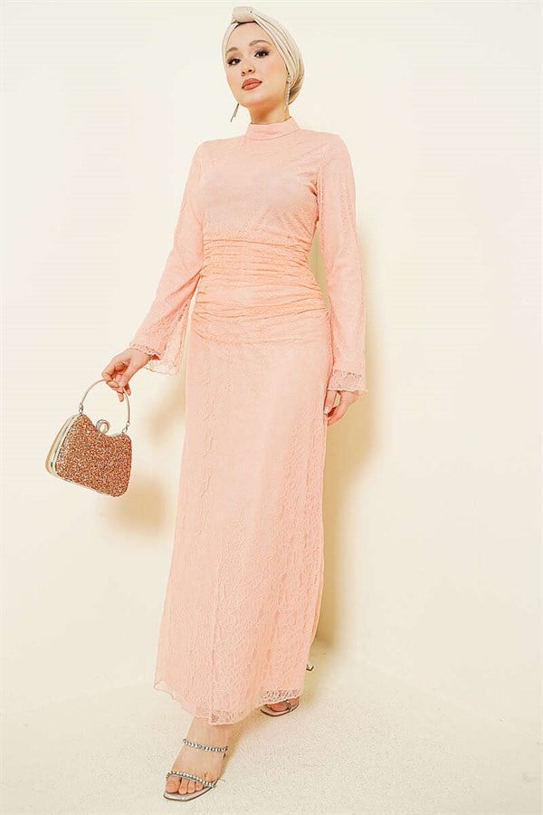 Salmon Color Lace Tulle Evening Dress with Gathered Waist
