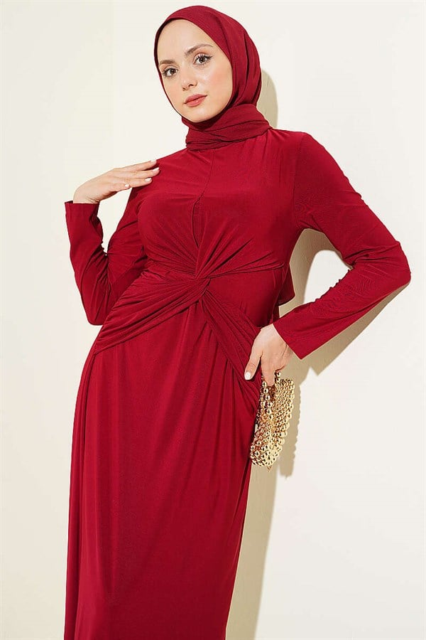 Sandy Dress with Gathered Waist and Knot, Burgundy