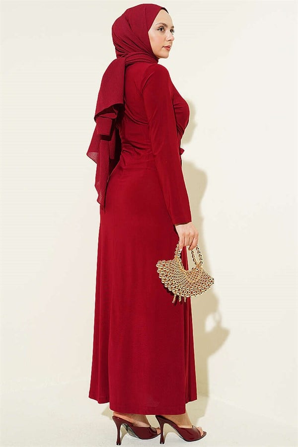 Sandy Dress with Gathered Waist and Knot, Burgundy