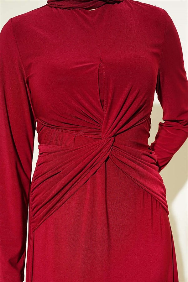 Sandy Dress with Gathered Waist and Knot, Burgundy