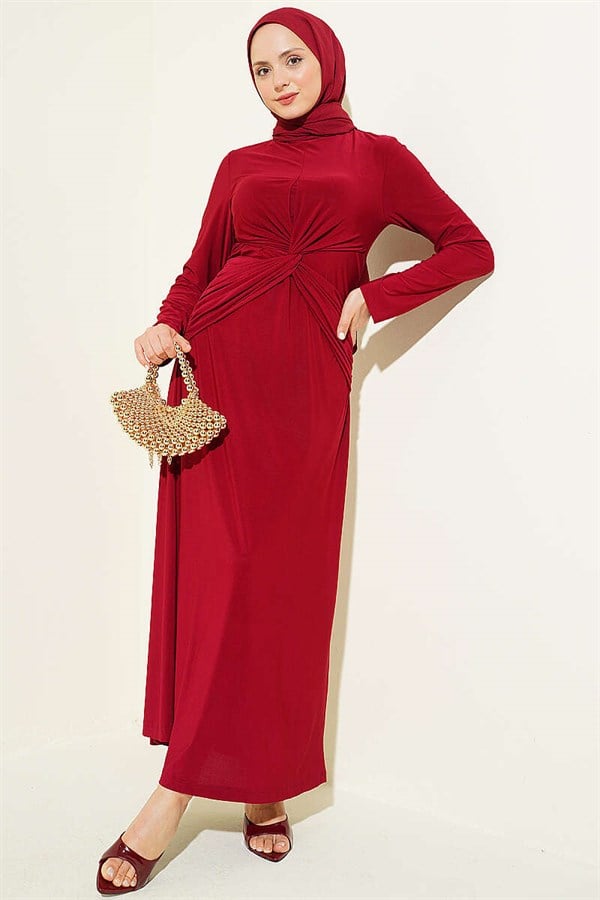Sandy Dress with Gathered Waist and Knot, Burgundy