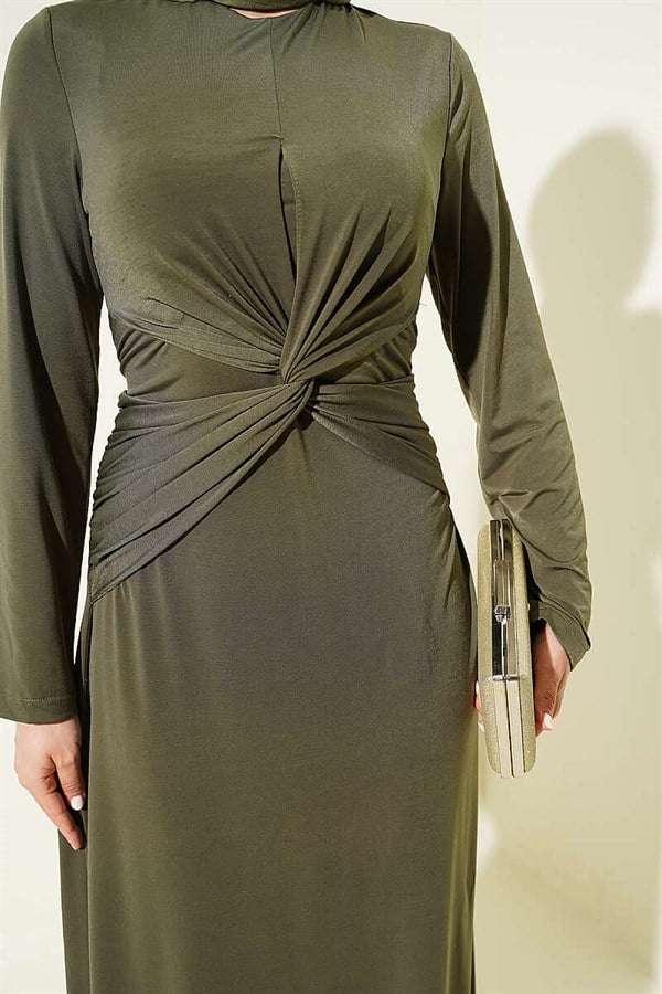Sandy Dress with Gathered Waist and Knot, Khaki