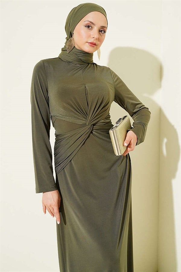 Sandy Dress with Gathered Waist and Knot, Khaki