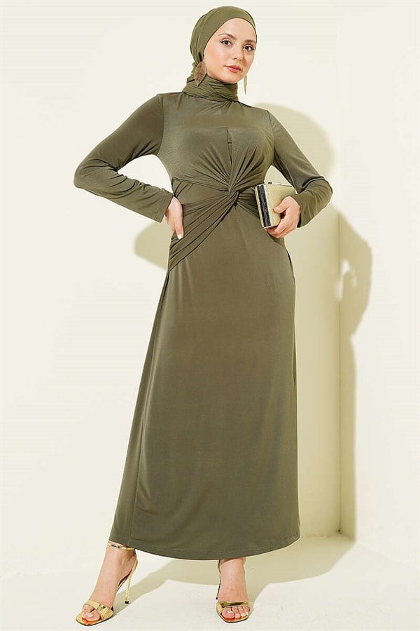 Sandy Dress with Gathered Waist and Knot, Khaki