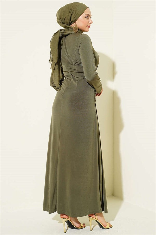 Sandy Dress with Gathered Waist and Knot, Khaki