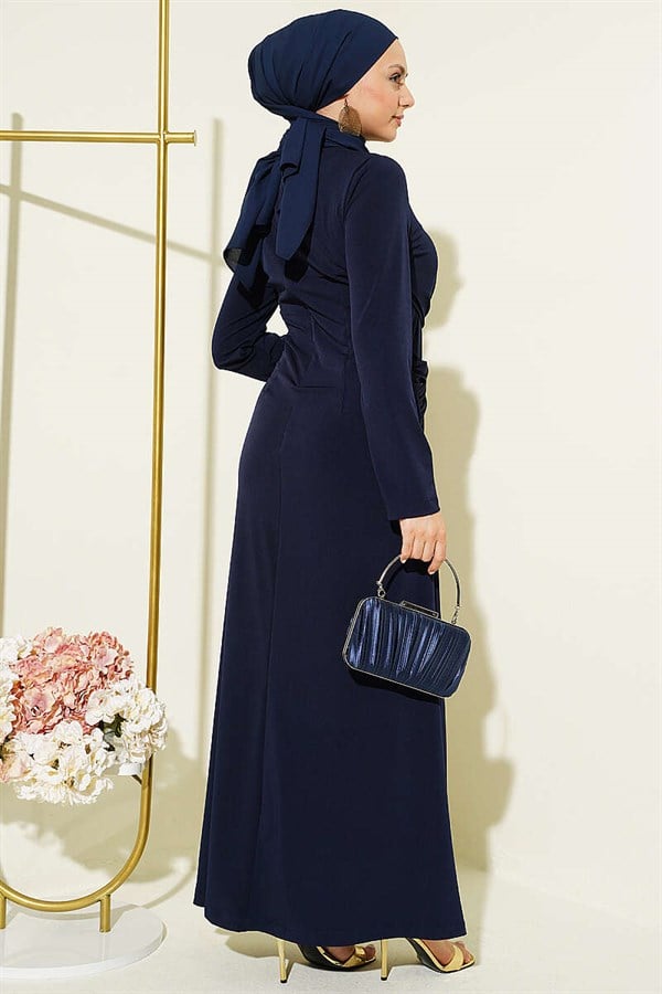 Sandy Dress with Gathered Waist and Knot, Navy Blue