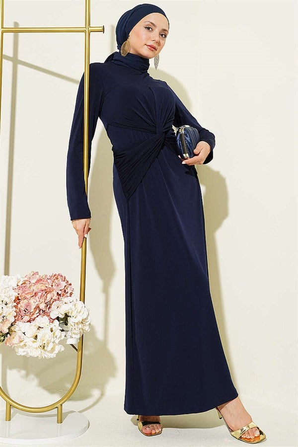 Sandy Dress with Gathered Waist and Knot, Navy Blue