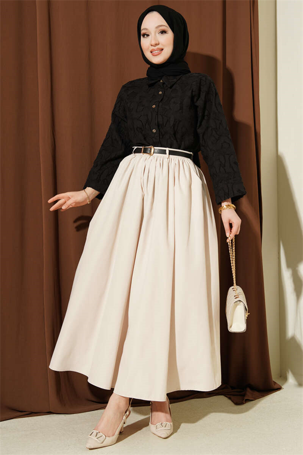 Belted Skirt with Pockets, Beige