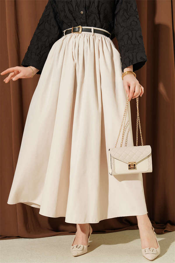 Belted Skirt with Pockets, Beige