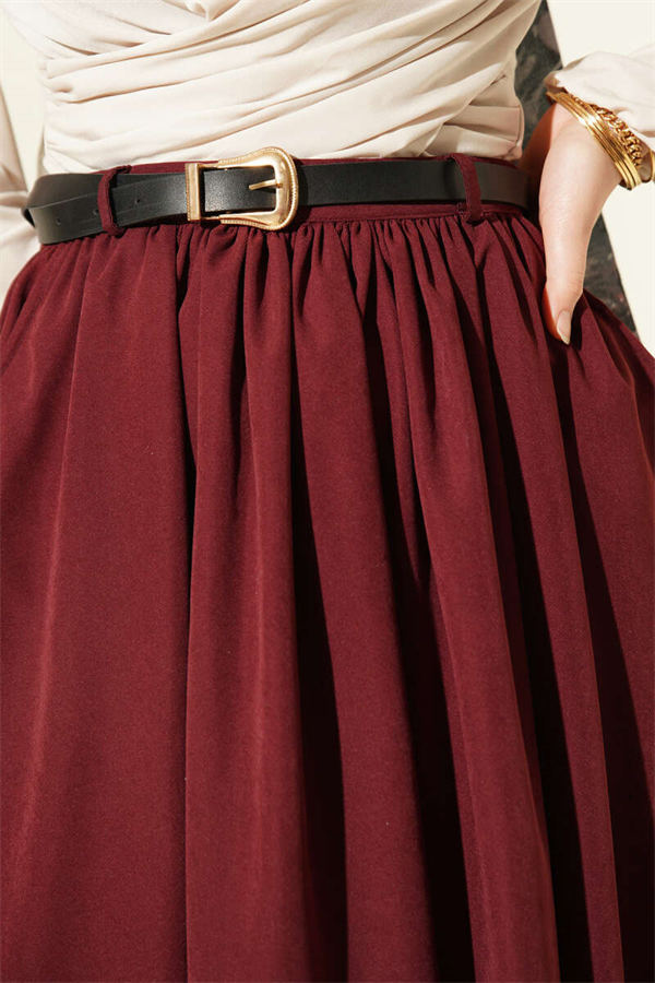 Burgundy Skirt with Gathered Waist, Belt, and Pockets