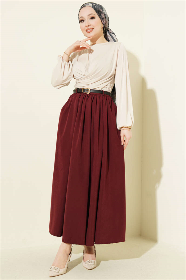 Burgundy Skirt with Gathered Waist, Belt, and Pockets