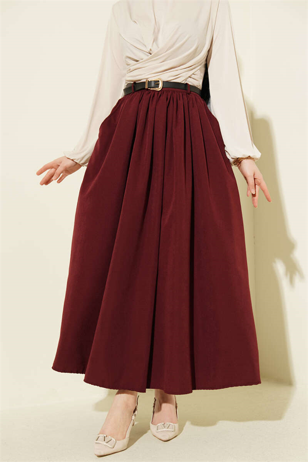 Burgundy Skirt with Gathered Waist, Belt, and Pockets