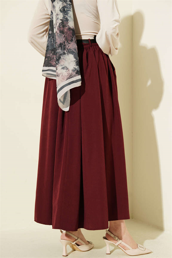 Burgundy Skirt with Gathered Waist, Belt, and Pockets
