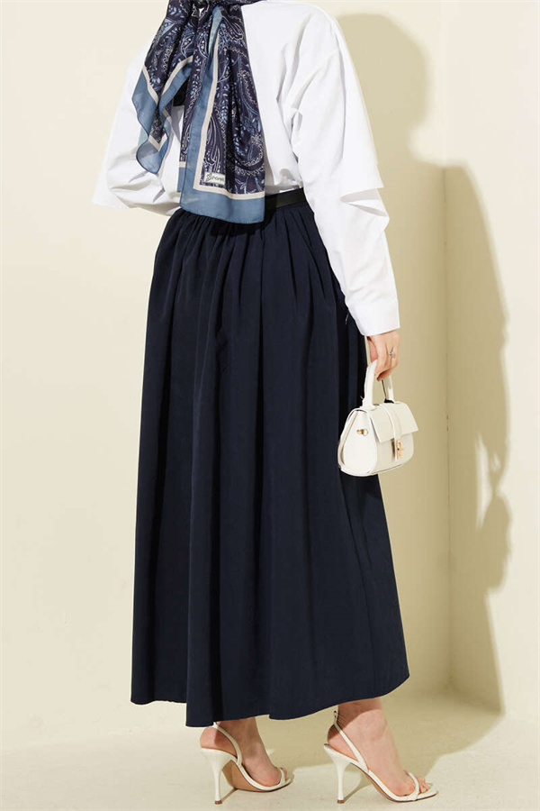 Navy Blue Skirt with Gathered Waist, Belt, and Pockets