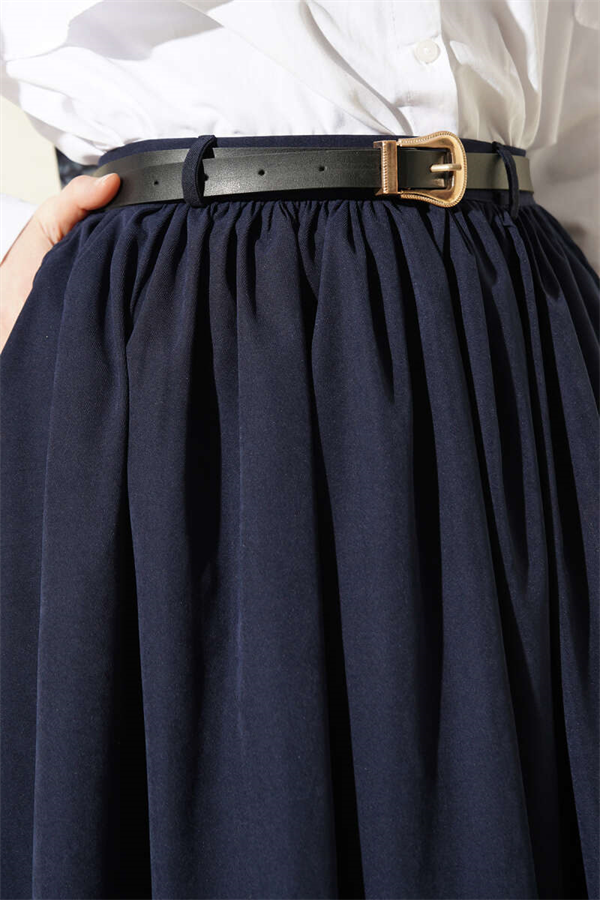 Navy Blue Skirt with Gathered Waist, Belt, and Pockets