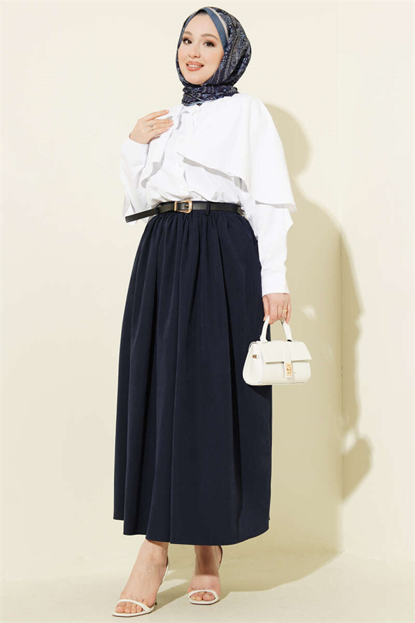 Navy Blue Skirt with Gathered Waist, Belt, and Pockets