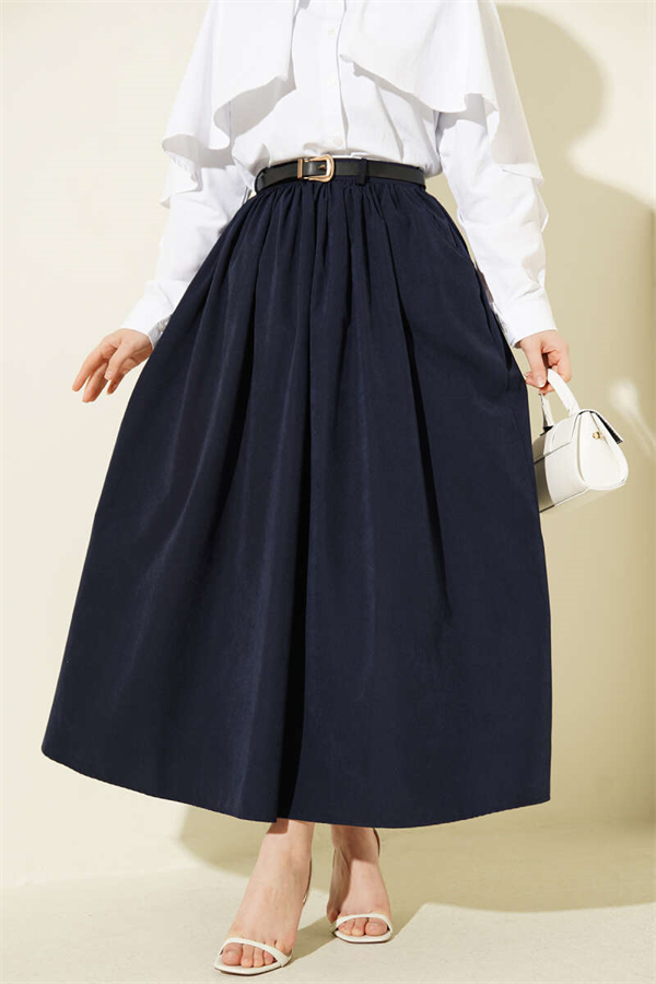 Navy Blue Skirt with Gathered Waist, Belt, and Pockets