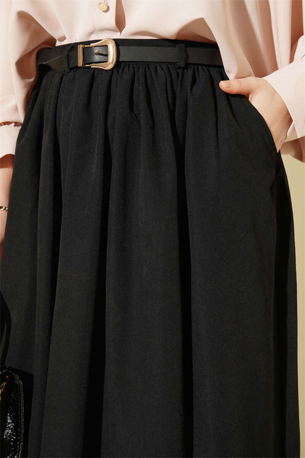 Black Skirt with Gathered Waist, Belt, and Pockets