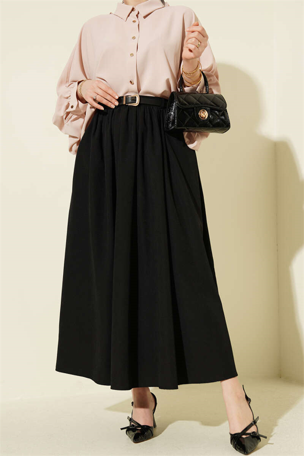 Black Skirt with Gathered Waist, Belt, and Pockets