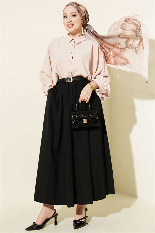 Black Skirt with Gathered Waist, Belt, and Pockets