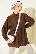 Self-Patterned Shirt with Gathered Waist, Brown