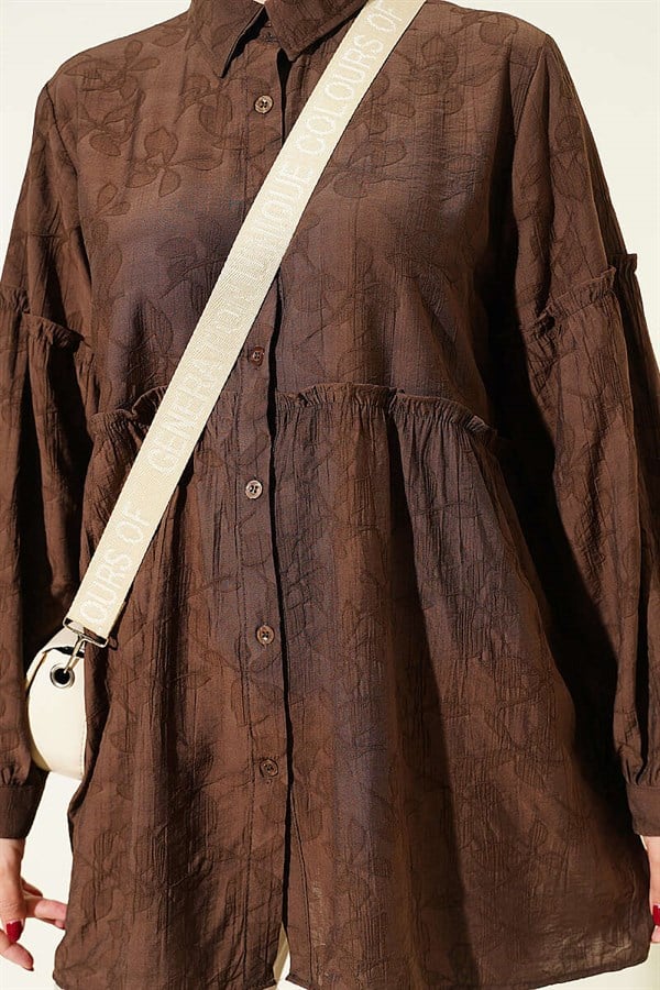Self-Patterned Shirt with Gathered Waist, Brown