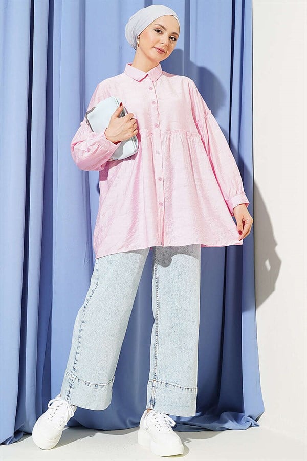 Pink Self-Patterned Shirt with Gathered Waist