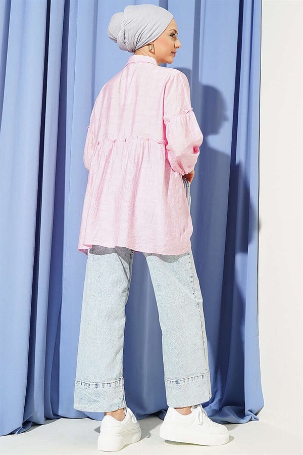 Pink Self-Patterned Shirt with Gathered Waist