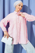 Pink Self-Patterned Shirt with Gathered Waist