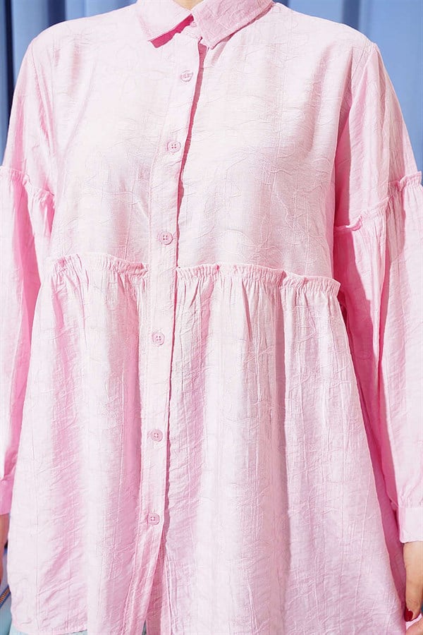 Pink Self-Patterned Shirt with Gathered Waist