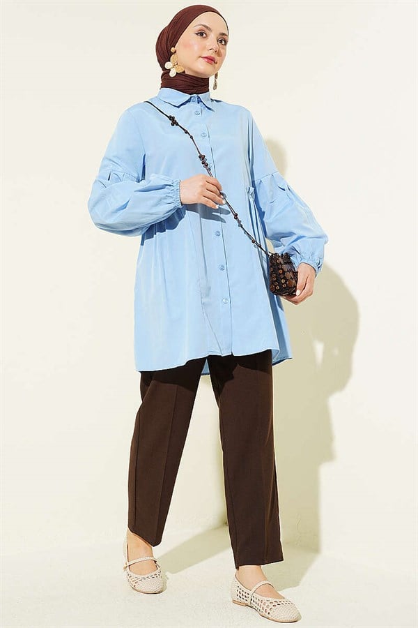 Waist-Gathered, Sleeve-Pleated Shirt, Baby Blue