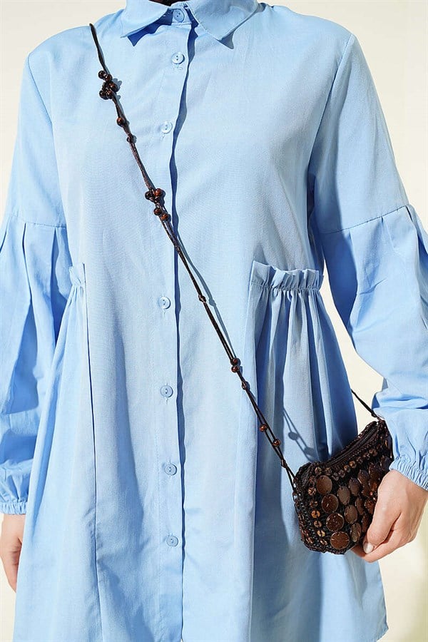 Waist-Gathered, Sleeve-Pleated Shirt, Baby Blue