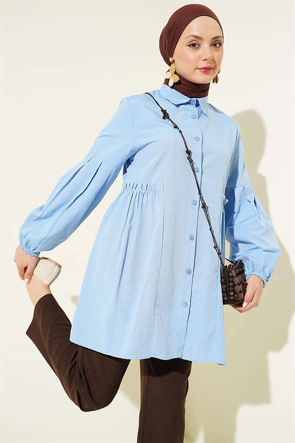 Waist-Gathered, Sleeve-Pleated Shirt, Baby Blue