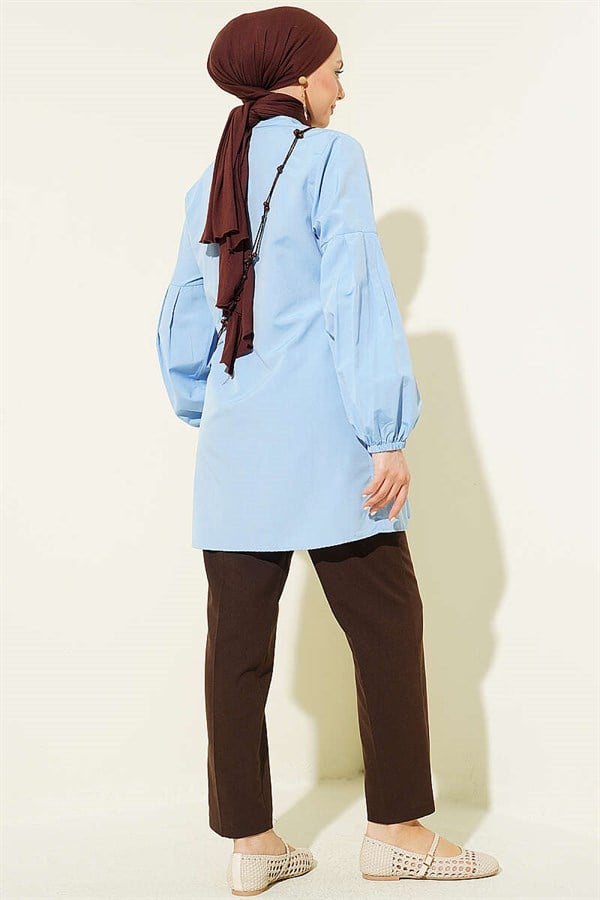Waist-Gathered, Sleeve-Pleated Shirt, Baby Blue