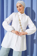 White Shirt with Gathered Waist and Pleated Sleeves
