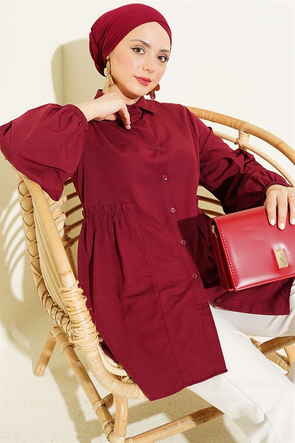 Burgundy Shirt with Gathered Waist and Pleated Sleeves