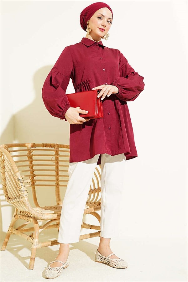 Burgundy Shirt with Gathered Waist and Pleated Sleeves