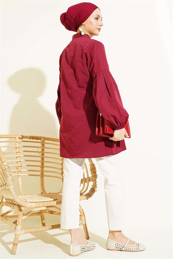 Burgundy Shirt with Gathered Waist and Pleated Sleeves