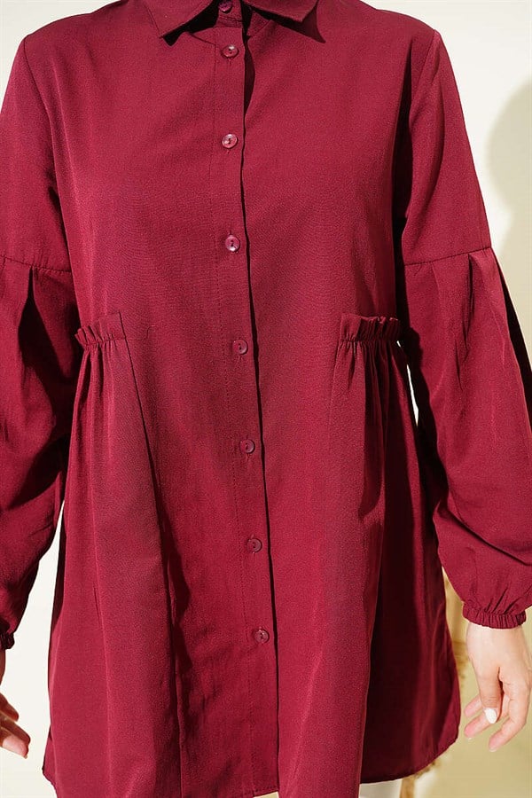 Burgundy Shirt with Gathered Waist and Pleated Sleeves