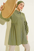 Waist-Gathered, Sleeve-Pleated Shirt, Khaki